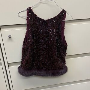 Zara Maroon Sequin Sleeveless Top with Fur Trim